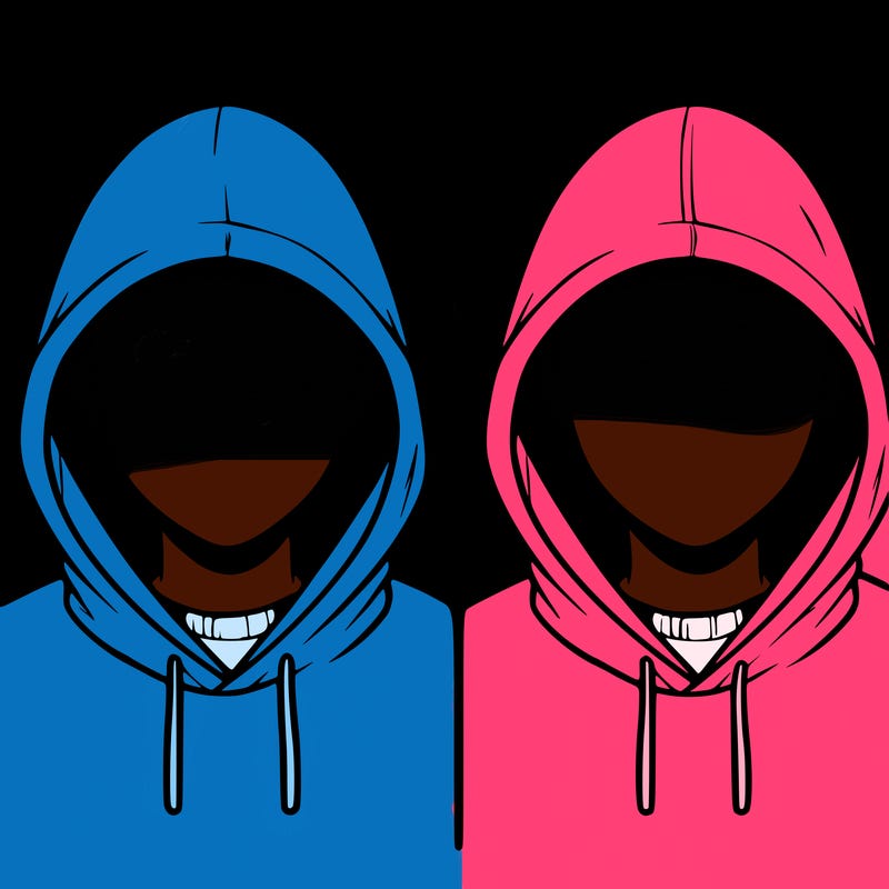a person with a hoodie and no face, the drawing is split in 2
