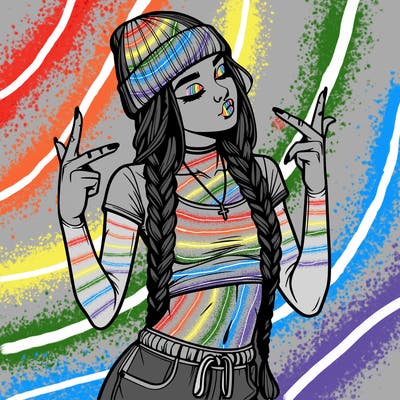 realistic teenage girl with braids and a beanie and crop top doing 🫶🏼