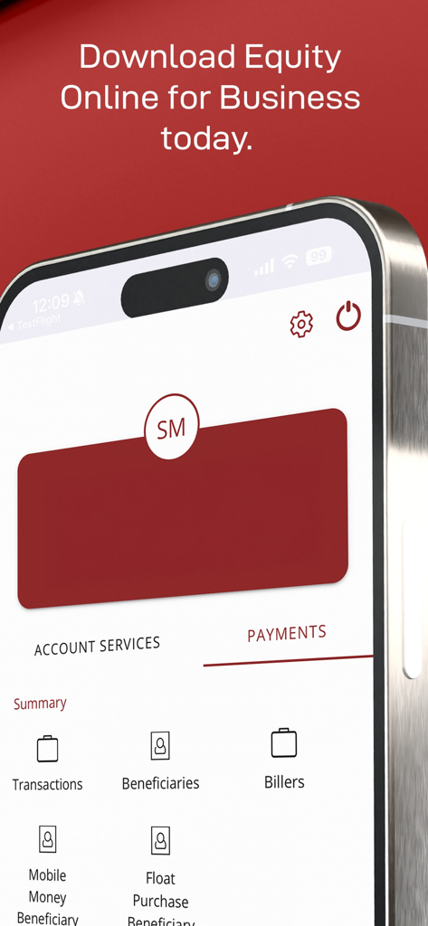 Equity Online for Business - A mobile phone screen showing the Equity Online for Business app interface with options for account services, payments, and beneficiary management.