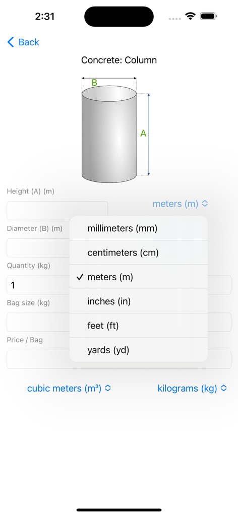 Concrete Calculator Estimator - Interface of the Concrete Calculator app showing measurement unit options for a cylindrical column calculation
