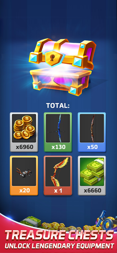 Archery Elite™ - Shooting King - コイン、現金、伝説の弓を示すArchery Eliteの宝箱の報酬。