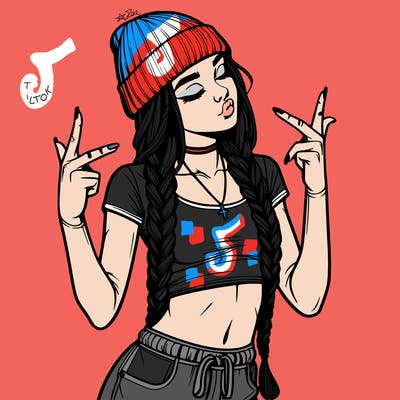 realistic teenage girl with braids and a beanie and crop top doing 🫶🏼