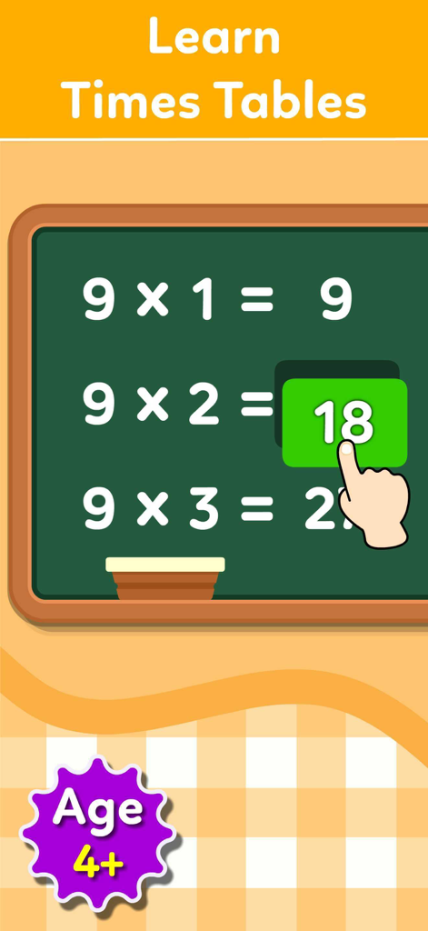 Multiplication Games For Kids+ - Educational math game for kids showing multiplication times tables on a green chalkboard