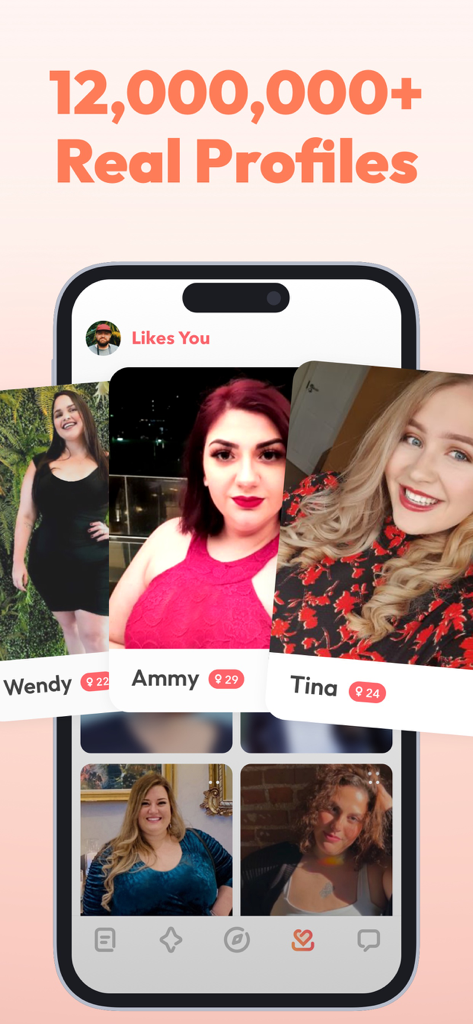 Interfaccia dell'app di incontri WooPlus che mostra i profili di diverse donne plus size con il testo 12 milioni di profili reali