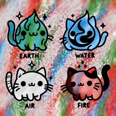 4 cats that represent the different elements, earth, water, air, and fire
