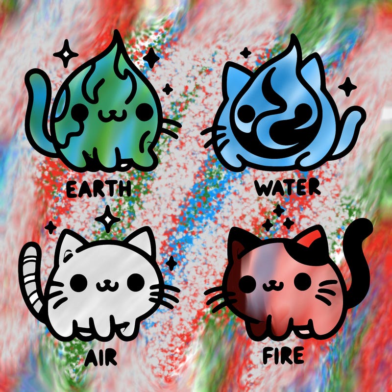 4 cats that represent the different elements, earth, water, air, and fire