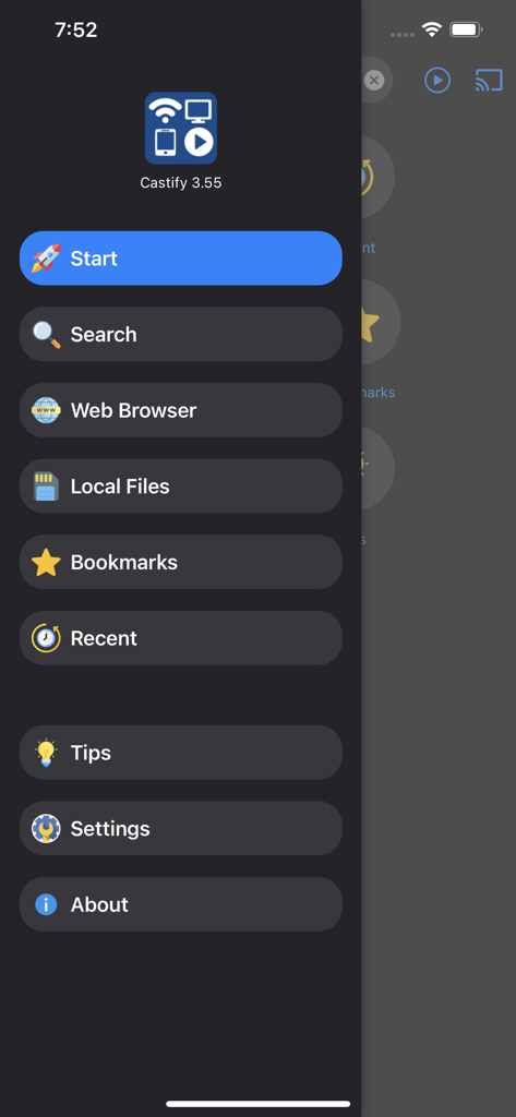 Navigation sidebar of the Castify app showing options for web browser, local files, and bookmarks.
