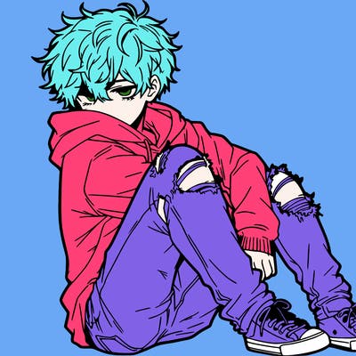 a male hoddie ripped jeans messy hair anime