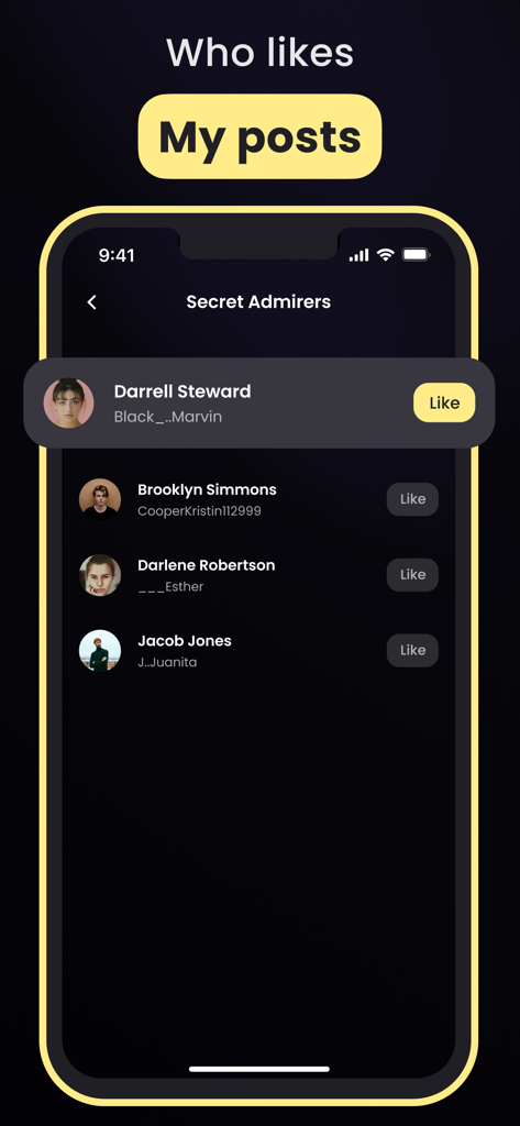 Screenshot of the Secret Admirers screen showing a list of users who liked Instagram posts.