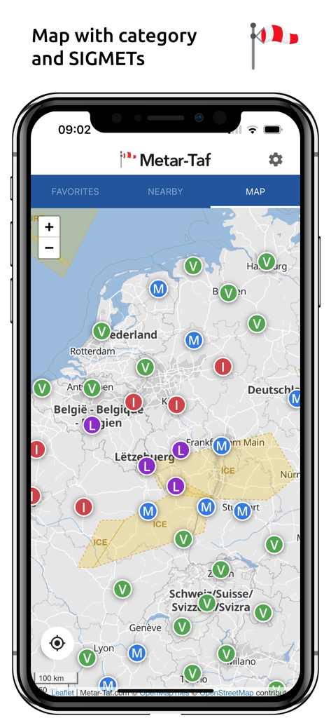 Metar-Taf app interactive aviation weather map showing flight rule categories and SIGMET alerts.