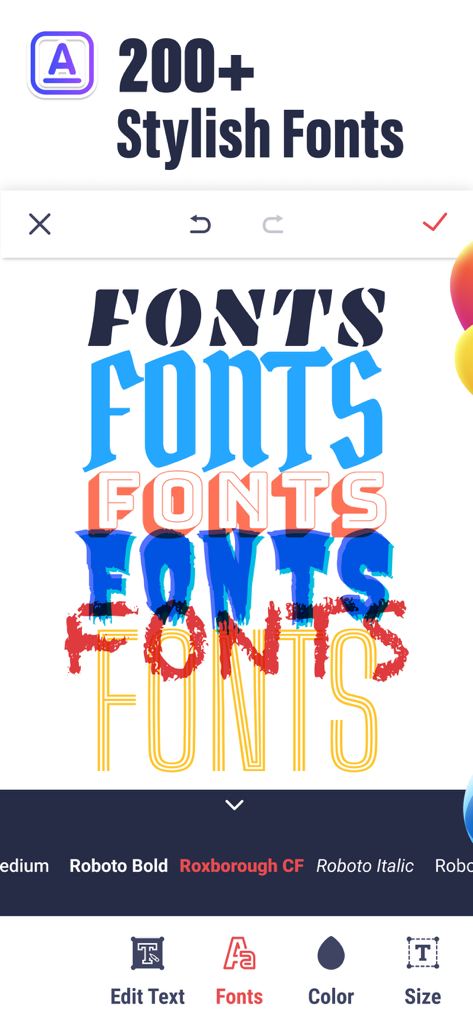 Logo Creator - Logo Maker App - A mobile app interface displaying a variety of stylish fonts and text editing tools for logo creation