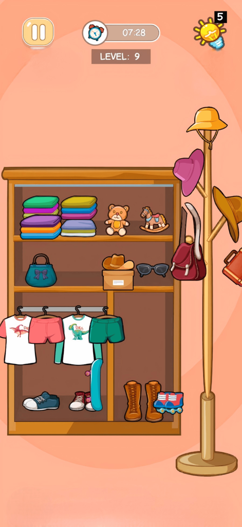 Perfect Satisfying: ASMR Tidy - Captura de pantalla del juego de organización de un armario con ropa y accesorios en Perfect Satisfying ASMR Tidy.