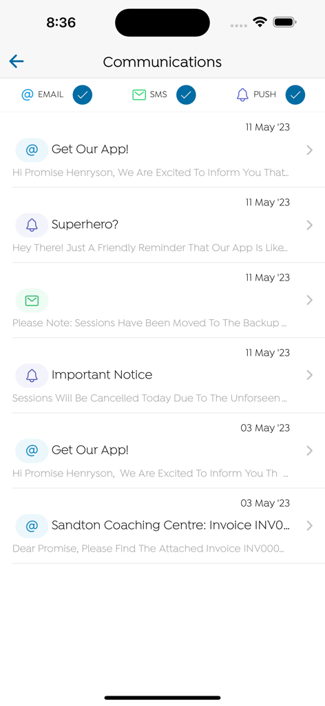 swool.io - Communications screen showing email SMS and push notification history in the swool app