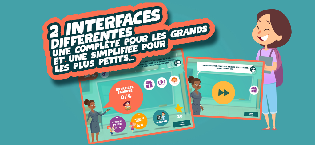 EduKids Ecole Primaire - Captura de tela do aplicativo EduKids mostrando as duas diferentes interfaces de usuário para alunos mais novos e mais velhos do ensino primário