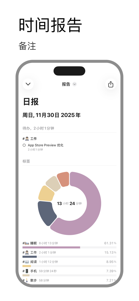 Daily time report with donut chart showing time distribution for various activities