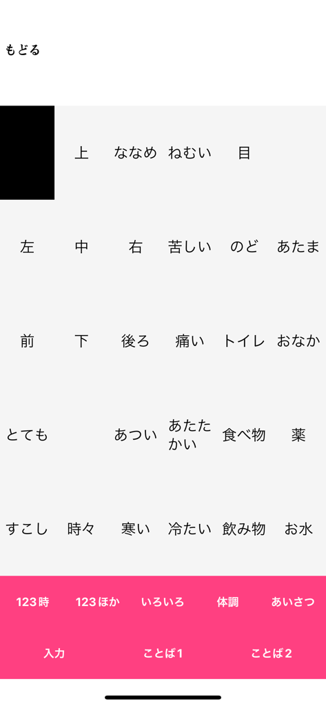 Interface d'une application CAA japonaise montrant des boutons de communication rapides pour les besoins médicaux.