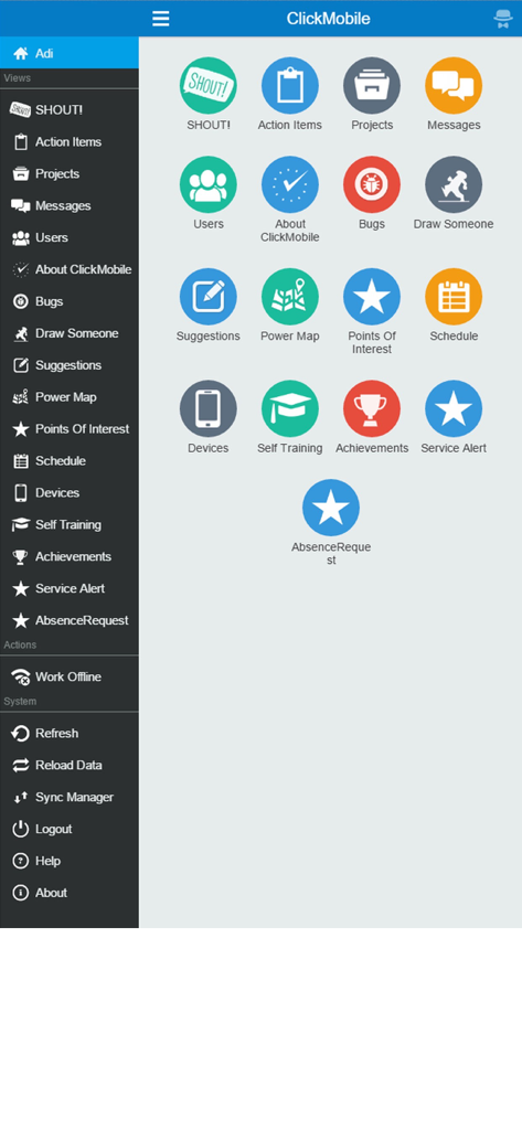 ClickMobile Touch - ClickMobile Touch application dashboard with a grid of icons for field service tasks and navigation sidebar