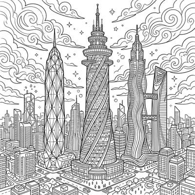 Dive into a world of architectural wonders with this megatall skyscrapers coloring page. Unleash your creativity on towering structures and a vibrant city scene, perfect for urban art enthusiasts.