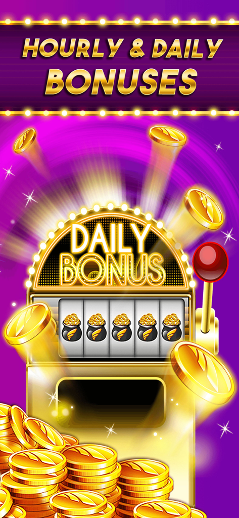 Gold slot machine displaying daily and hourly coin bonuses in Casino Frenzy