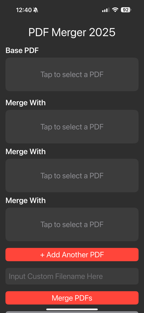 PDF Merger 2025 - Main user interface of the PDF Merger 2025 app showing PDF selection fields and a merge button.