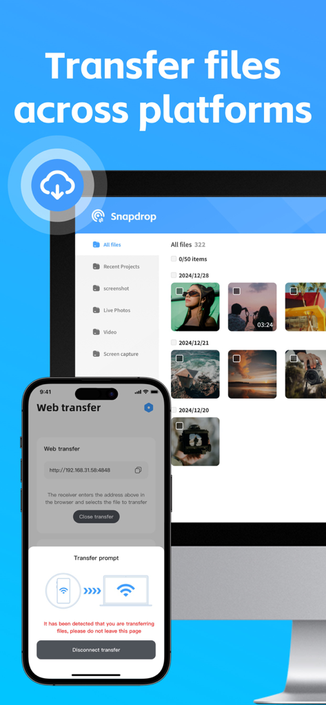Snapdrop interface illustrating seamless file sharing between mobile and desktop platforms