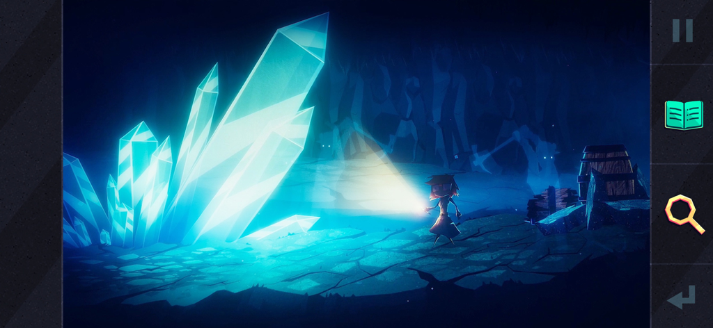 Jenny LeClue usa uma lanterna para explorar uma misteriosa caverna com cristais azuis brilhantes.