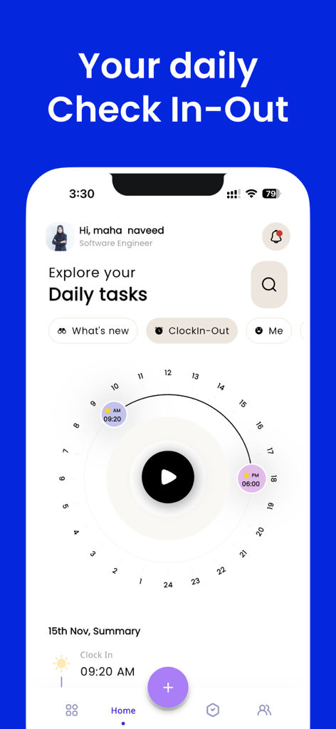 PayPeople Cloud HR System - Schermata dell'app mobile PayPeople che mostra l'interfaccia di check-in e check-out giornaliero con un tracker circolare dell'orologio per le presenze dei dipendenti