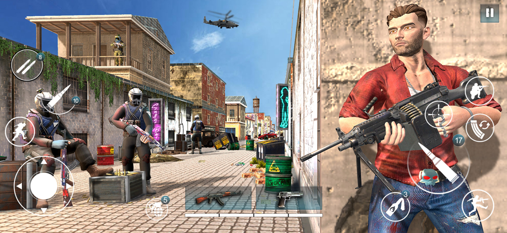 Freedom Strike: Offline Games - Gameplay screenshot of Freedom Strike showing a rebel character with a machine gun and urban combat scenes