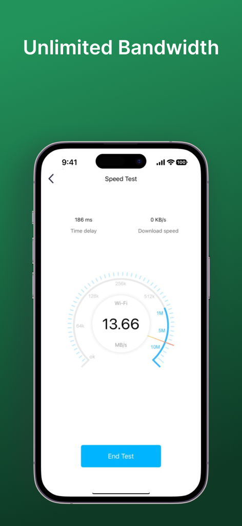 iPhone上のVPN - 高速VPNプロキシアプリのインターフェース。無制限の帯域幅の速度テストゲージが表示されている。