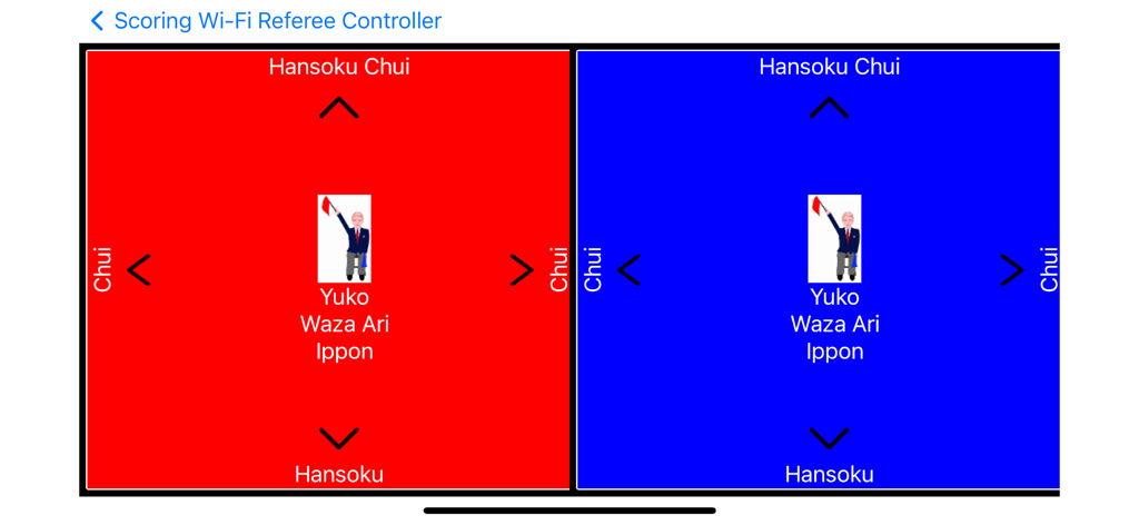 Scoring Wi-Fi Pro Client - Referee controller interface with red and blue scoring zones for karate tournaments
