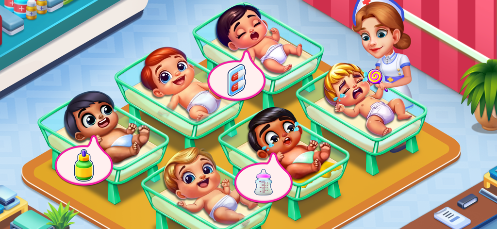 Hospital Dash: Clinic Game - A nurse tending to multiple babies in the clinic nursery in Hospital Dash