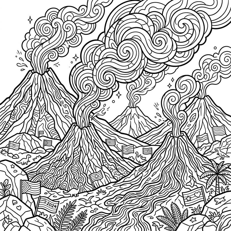 Ignite your creativity with this vibrant coloring page featuring powerful volcanic vents intertwined with the joyful spirit of Pride Month. Discover a dynamic landscape where natural wonders meet symbols of love and diversity, perfect for artists of all ages.