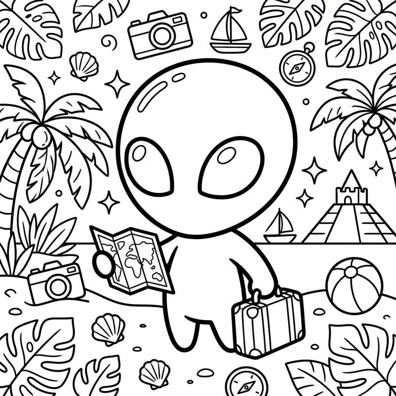 Get ready for an extraordinary getaway with our Dover Demon vacation coloring page! Watch as this lovable alien explores exciting new destinations, map and suitcase in tow, surrounded by tropical fun.