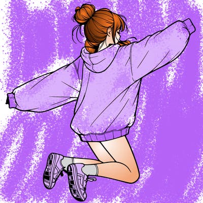 realistic girl jumping with a bun and oversized sweatshirt