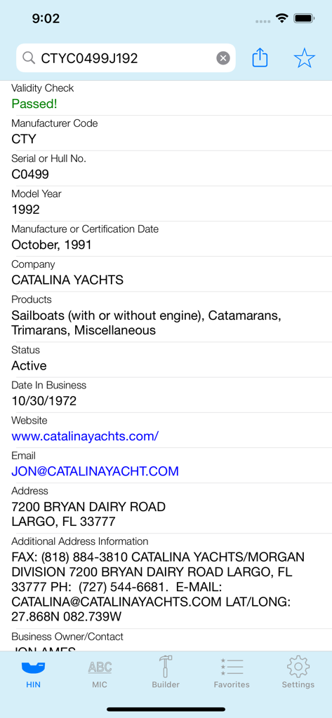 HIN Search - Boat HIN Decoder - HIN Search app interface showing decoded boat manufacturer information for Catalina Yachts