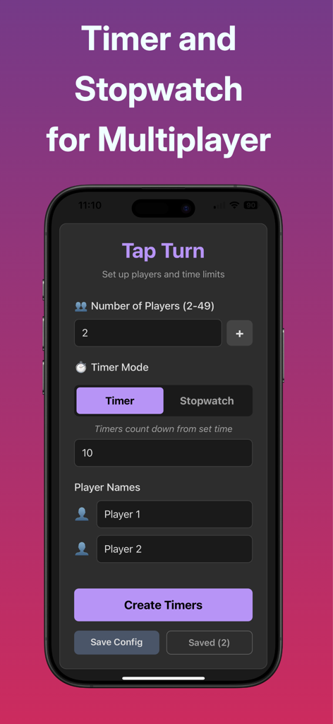 Tap Turn - Game Timer - Pantalla de configuración del temporizador multijugador Tap Turn mostrando el número de jugadores y las opciones del temporizador