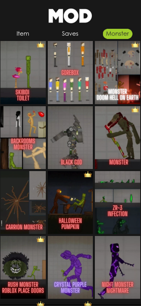 Mods For Playground Ragdoll 3D - A selection of monster character mods for Melon Playground including Skibidi Toilet and various horror themed NPCs