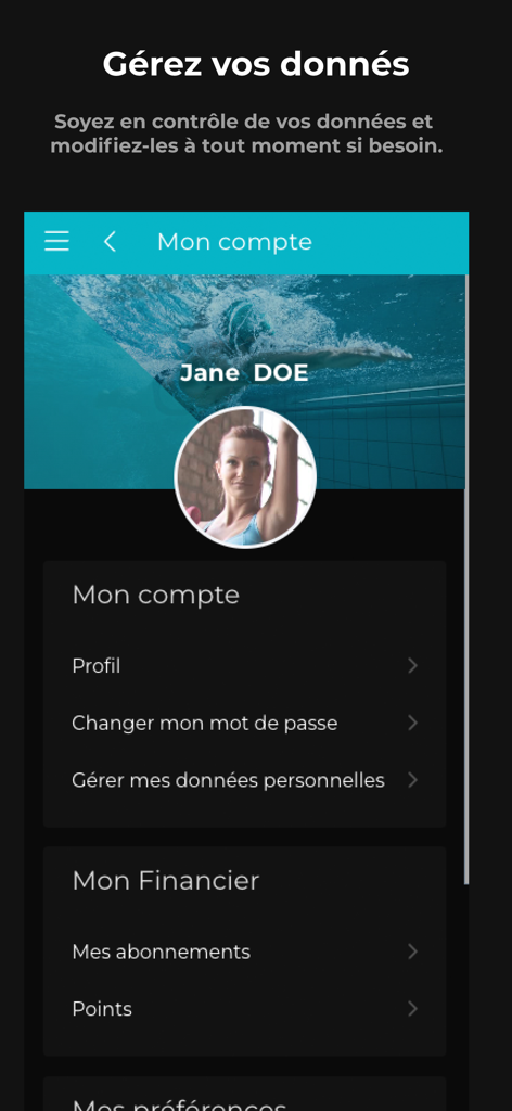 SwimSpot - Interface de l'application SwimSpot pour la gestion des données personnelles du profil utilisateur et des abonnements