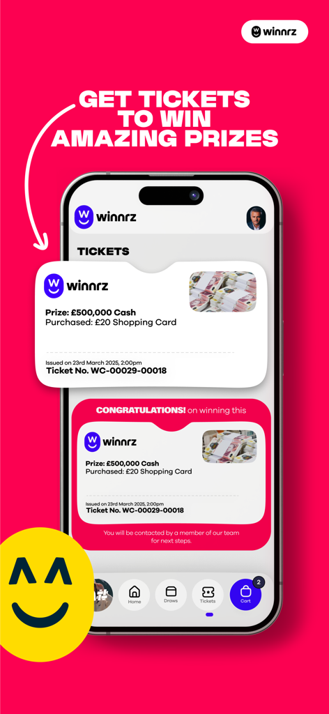 Winnrz - Winnrz app screen showing a ticket for a five hundred thousand pound cash prize and a winning notification