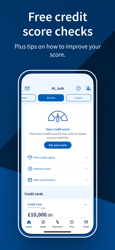 Halifax Mobile Banking app interface displaying free credit score checks and financial tips.