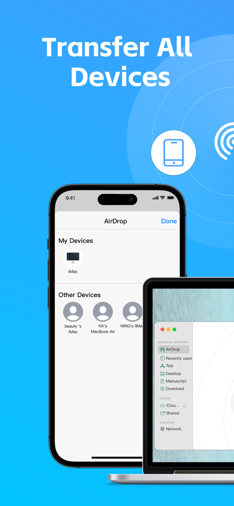 Snapdrop app interface showing wireless file transfer between an iPhone and multiple computers