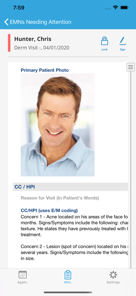 Nextech - The Nextech mobile app displaying a dermatology patient chart with a primary photo and chief complaint notes.