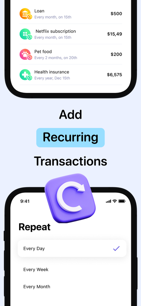 Interfaz de la aplicación de presupuesto BASE que muestra una lista de gastos recurrentes y la pantalla de configuración de frecuencia de repetición.