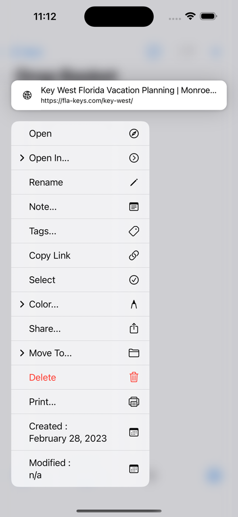 Menu de contexto no aplicativo URL Manager Pro mostrando opções para abrir, marcar e organizar um favorito salvo.