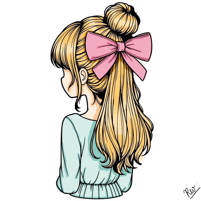 realistic girl  with hip length hair a bun and a big bow on the back of head