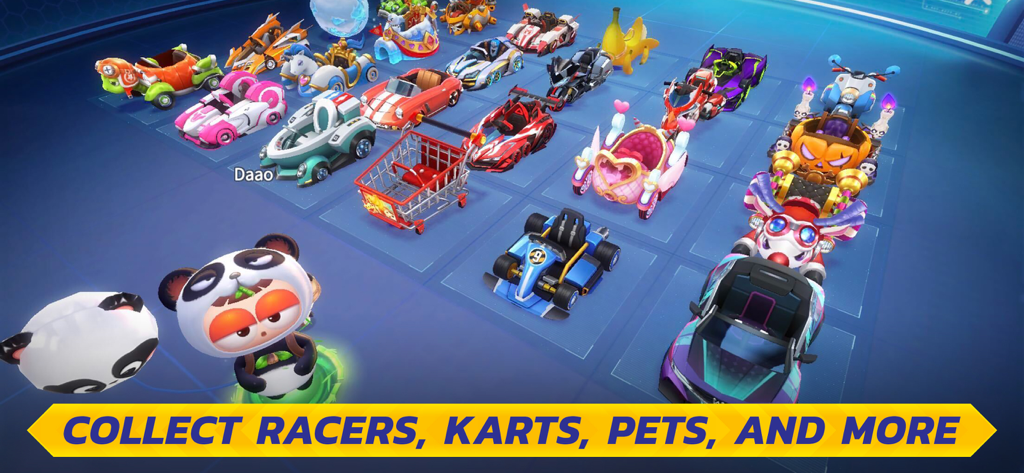 A variety of colorful stylized karts racers and pets in KartRider Rush plus