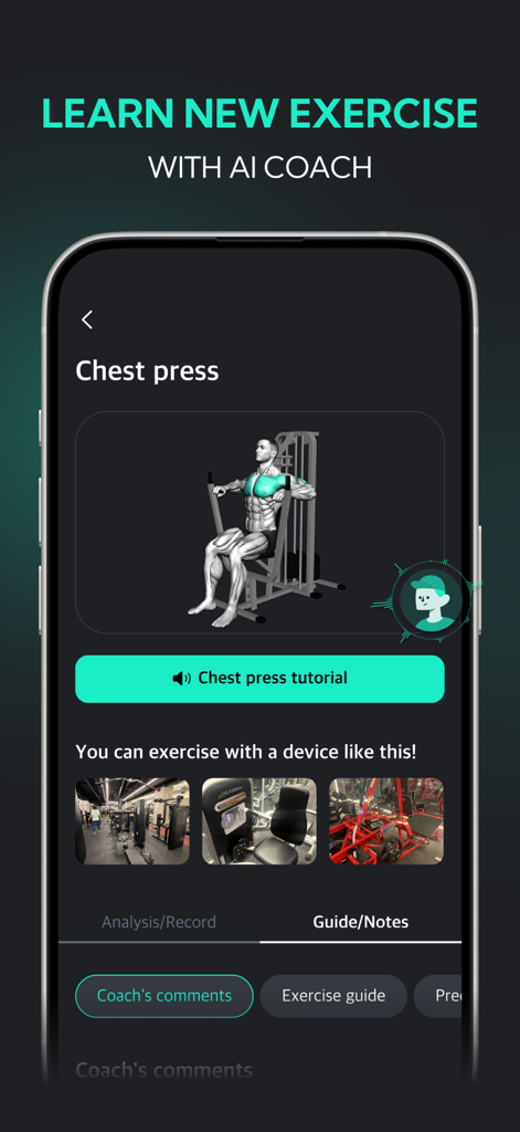 Planfit app screen for chest press exercise with AI coach instructions and equipment guide.