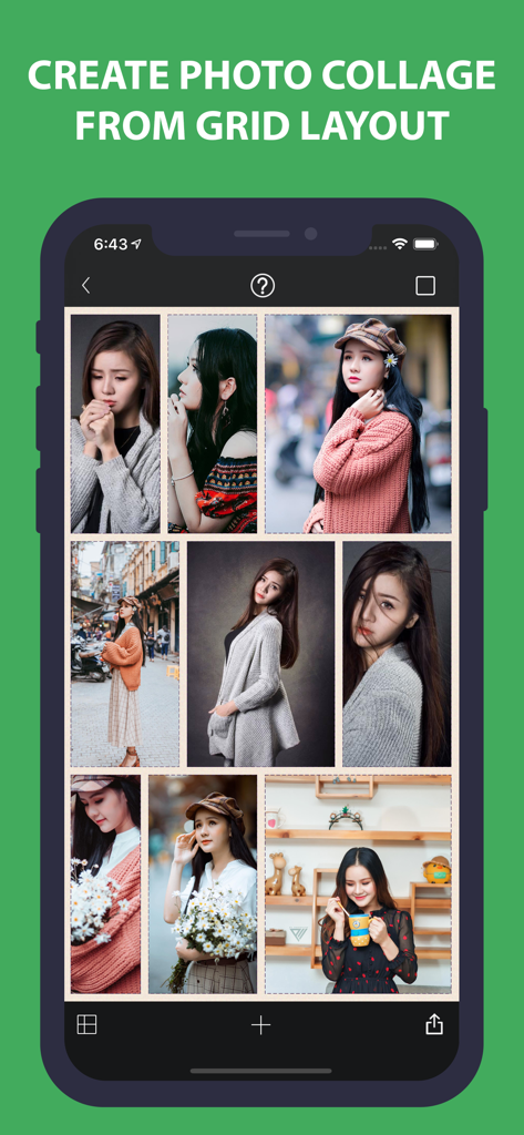 Smartphone-Bildschirm mit einem Multi-Foto-Grid-Layout für eine Fotocollage in der Foto Collage App.