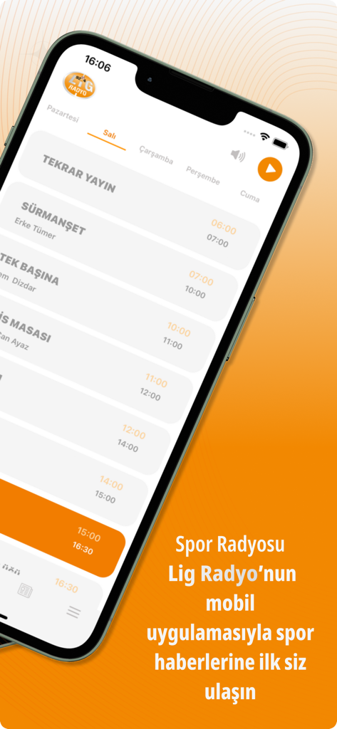 Lig Radyo - Lig Radyoモバイルアプリのインターフェース。週刊スポーツラジオ番組スケジュールを表示しています。