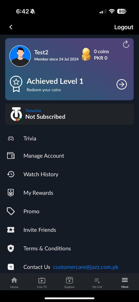 Tamasha: Live TV, Movie, Drama - Dashboard dell'account utente dell'app Tamasha che mostra informazioni sul profilo, livelli di premi e opzioni di menu per cronologia di visione e premi